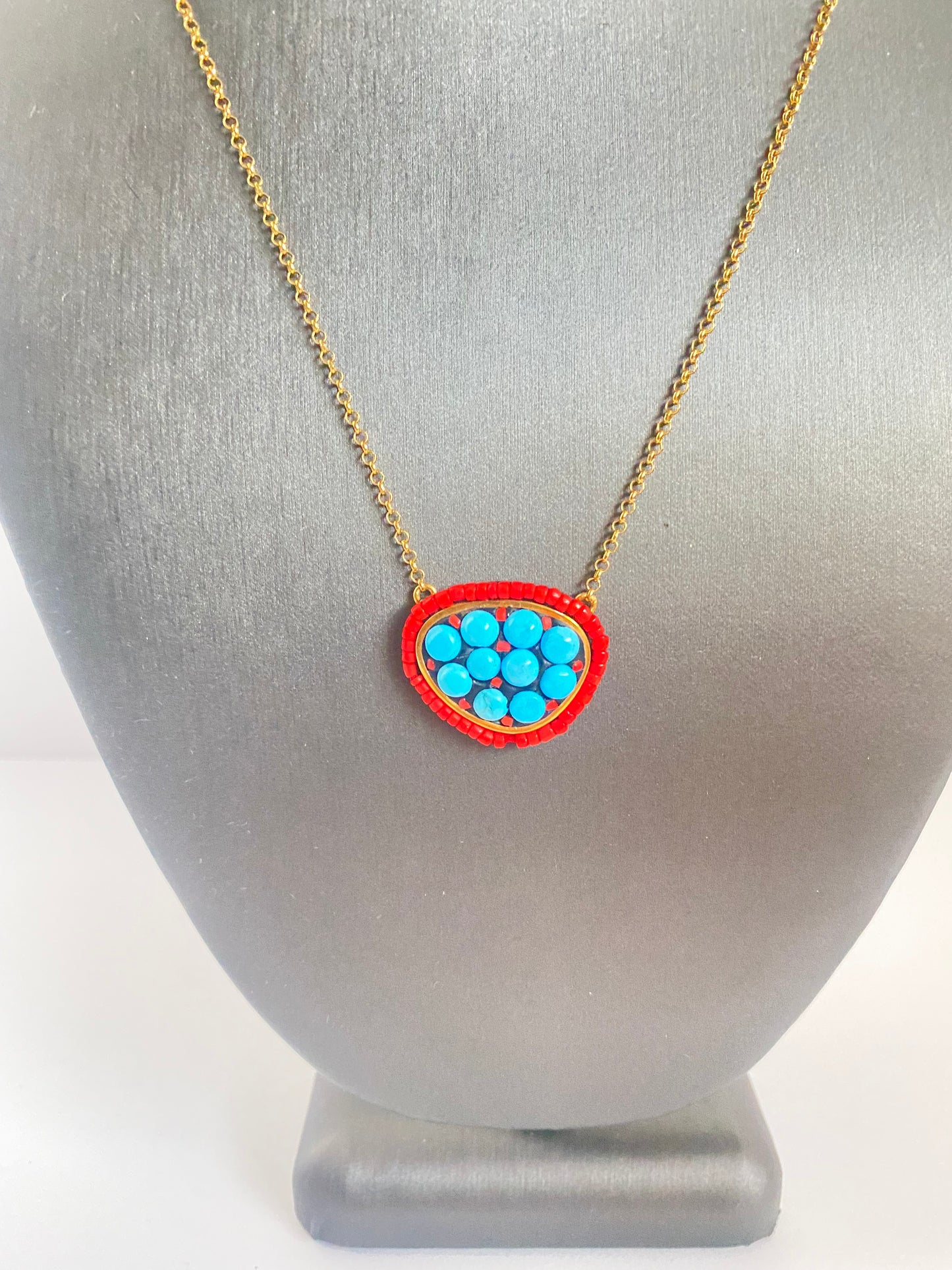 Turquoise and Coral Natural stone Handcrafted Silver Necklace