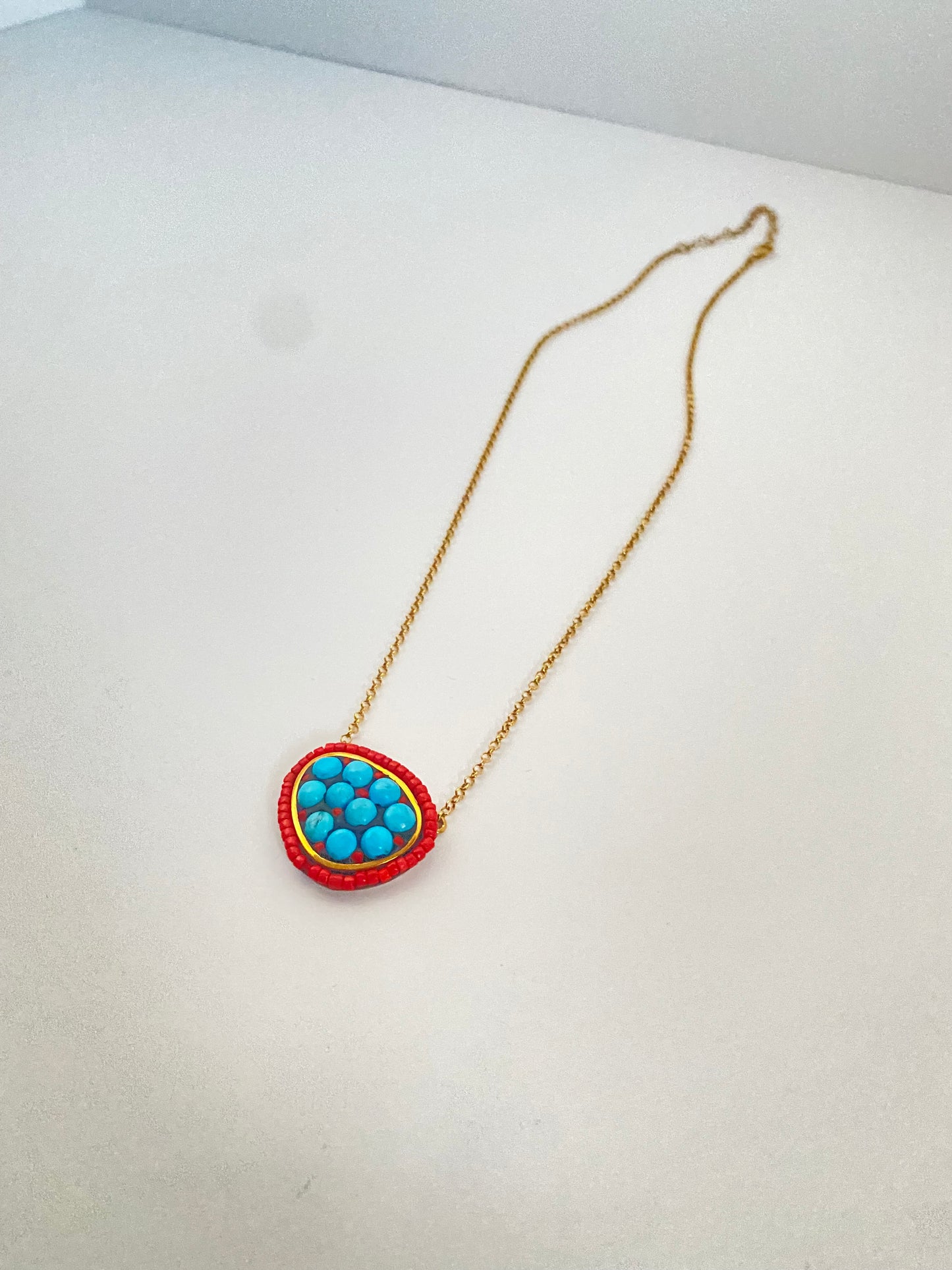 Turquoise and Coral Natural stone Handcrafted Silver Necklace