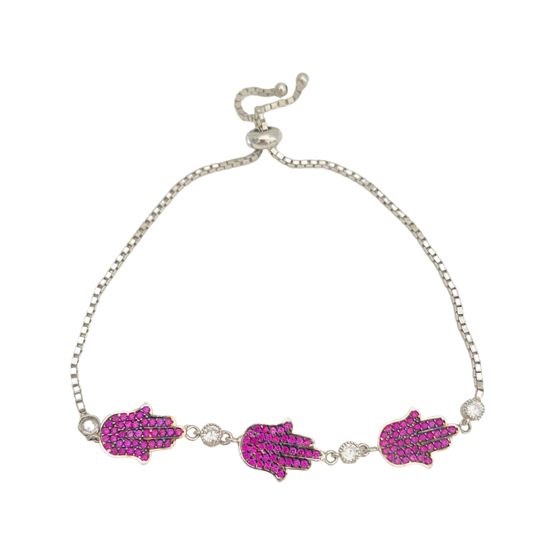 Pink Hamsa Hand Zircon 925 Silver Bracelet